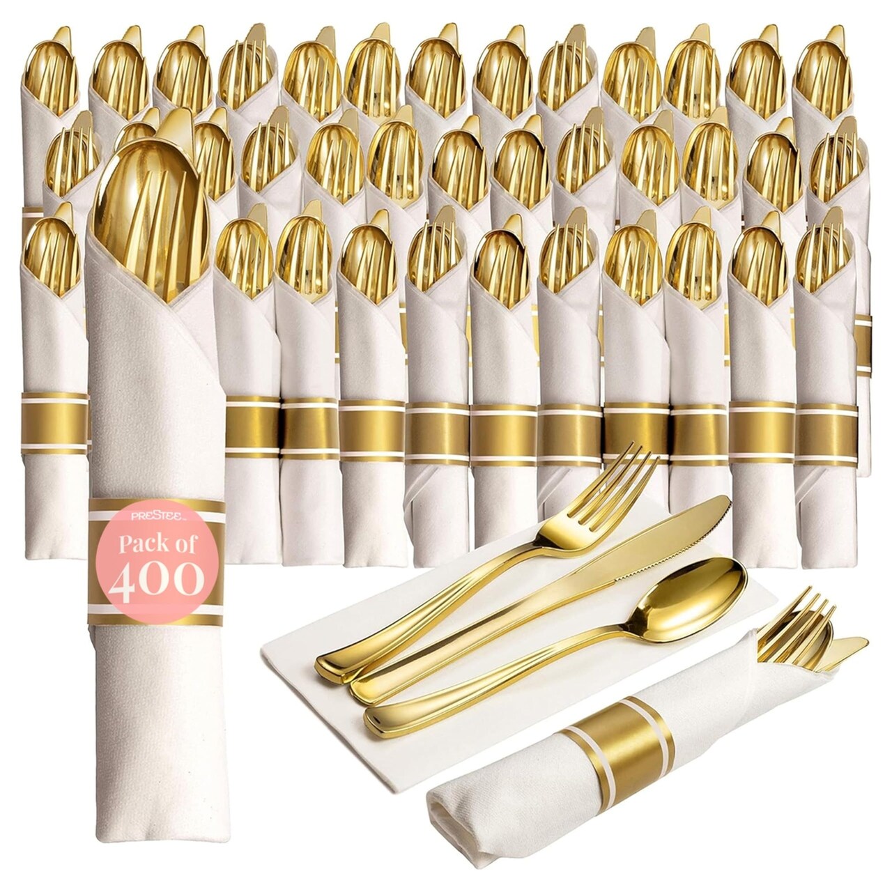 400 pcs Pre Rolled Gold Plastic Silverware Set for 100 Guests, w/ Napkins